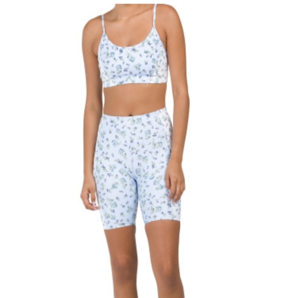 Bralette & Short Set Yoga Active Outfit Blue Floral L By Sage NWT